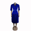 Blue Half Sleeve Notched Collar Button Belt Pleated Lady Career Dress